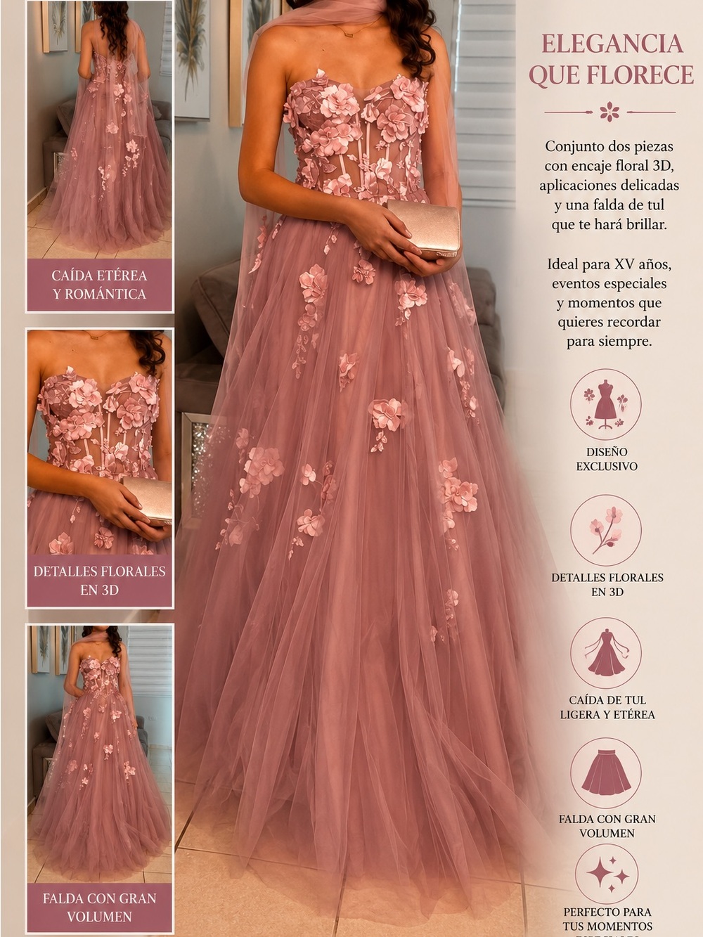Strapless Floral Appliqué Tulle Gown - Dusty Rose